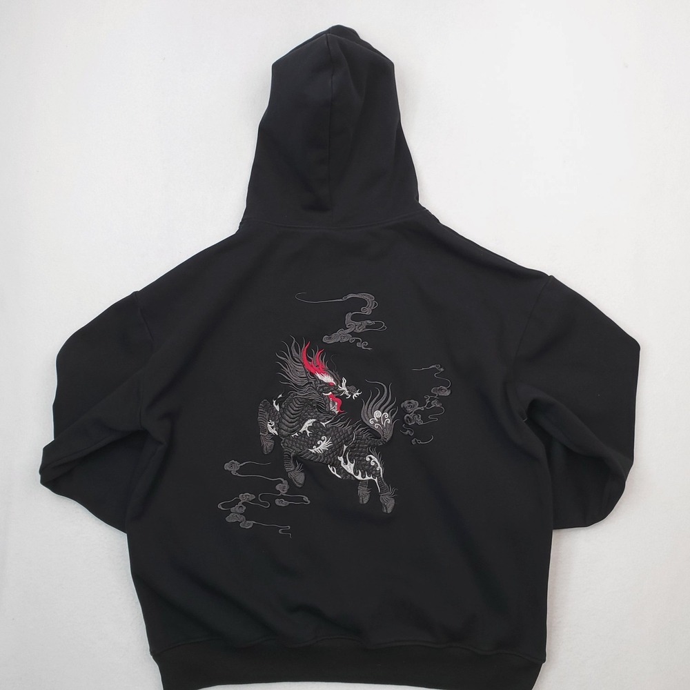 Niepce‎ Streetwear Hoodie Mens Large Black Japanese Embroidered Kirin Sweatshirt